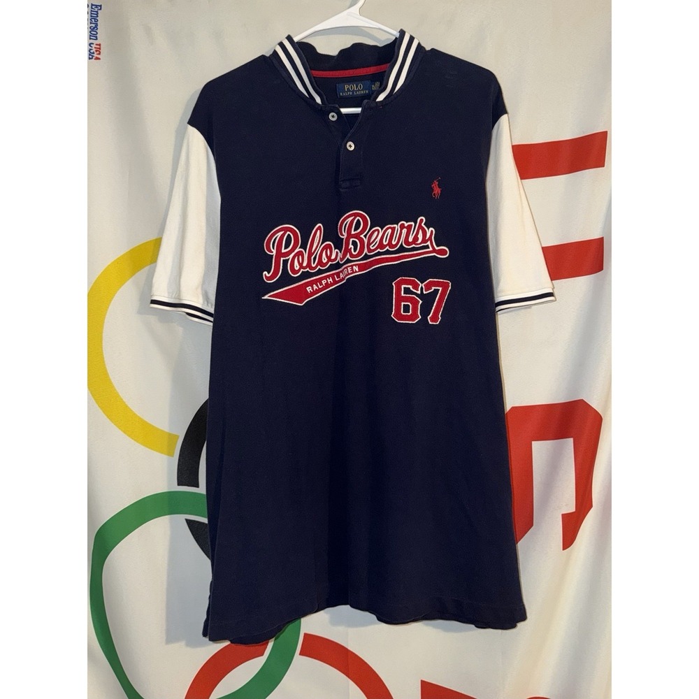 Ralph Lauren Polo Bears Shirt Mens XL Navy Blue Red Blade Collar 87